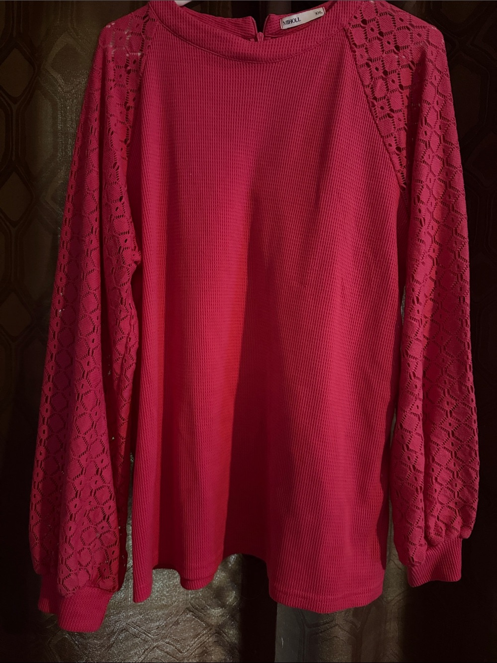 Lace-Sleeve  Pink Knit Sweatshirt